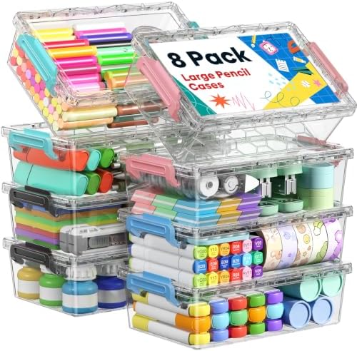 BiuLeon 8 Pack Large Pencil Box Set, Plastic Clear Pencil Case Marker Organizer, Crayon Box Craft Organizers, Stackable Storage Containers with Lid for Pen, Art and Craft Supplies(Color) by Unknown