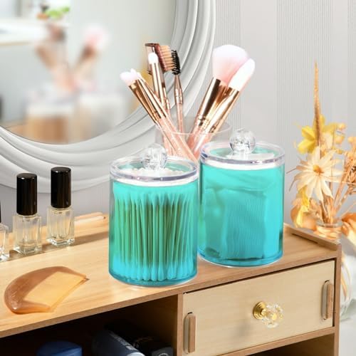 4 Pack Qtip Holder Dispenser with Lids,Green Gradient 3 Storage Containers,Bathroom Canisters Organizer for Cotton Ball,Cotton Swab,Cotton Round Pads,Floss 21214688 - Image 5