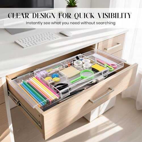 4pack Shallow Expandable Drawer Organizer, Adjustable 12.5”–20” Clear Plastic Drawer Organizer Tray for Vanity Bathroom Desk Kitchen Drawers, Multi Compartment Storage - Image 5