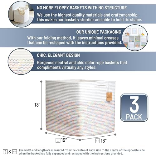 NaturalCozy 13x15x13 Kallax Storage Cubes Bins, 3 Pack | Cotton Rope Cube Storage Bin Woven Baskets for Organizing | Kallax Insert Storage Baskets for Shelves Organizer, Kids Toy, Closet Baby Nursery - Image 2