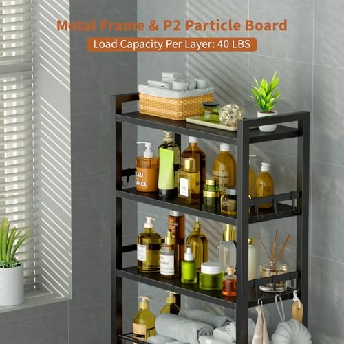 Over The Toilet Storage,4 Tiers Bathroom Organizers Storage Shelves Cabinet with Toilet Paper Holder and 9 Hooks,Toilet Rack for Bathroom,Fit Most Toilets,Black - Image 3