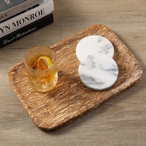 Karibiber Natural Marble Vanity Tray, 11.8" Travertine/Stone Bathroom Tray Countertop, Golden Stone for Perfume Jewelry Holder, Decorative Dresser Organizer, Storage for Kitchen Sink(Walnut Traver) - Image 5