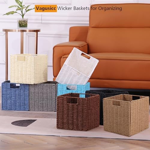 Vagusicc Wicker Storage Basket, Set of 2 Hand-Woven Paper Rope Wicker Baskets, Foldable Cube Storage Bins, Beige Storage Basket, Square Baskets for Organizing Shelves & Decor, Beige(13″×13″×13″) - Image 6