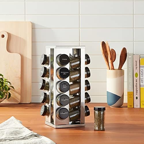 Kamenstein 20 Jar Heritage Revolving Countertop Spice Rack Organizer with Spices Included, FREE Spice Refills for 5 years, Brushed Stainless Steel with Black Caps - Image 2