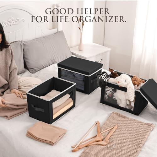 Homsorout Cube Storage Bins with Lids, Clear Window Storage Baskets for Organizing, Fabric Organizer Bins with Handle, Cloth Storage Bins for Shelves, Closet, Clothes, Towels, 4 Packs, Black - Image 3