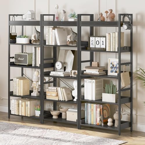 HCHQHS 5 Tier Bookshelf, Adjustable Industrial Bookcase, Vertical Tall Book Shelf, Wood and Black Metal Open Bookshelves for Home Office, Living Room, Bedroom - Image 2