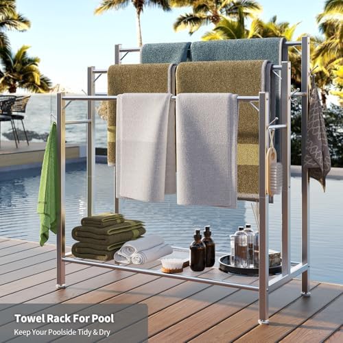 HavenlyYouth Free Standing Towel Rack for Bathroom, 3 Tier Blanket Drying Holder for Outside, Pool Towel Rack with Metal Shelf for Display and Storage, 35.8" H x 31.5" L x 11.8" W, Satin Nickel - Image 3