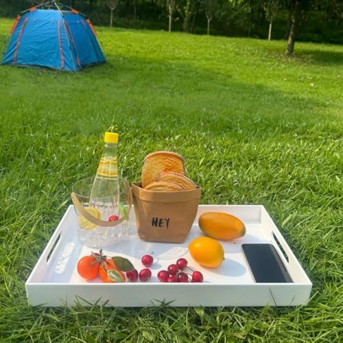 KEVLANG Glossy White Sturdy Acrylic Serving Tray with Handles-12x20 Inch-Serving Coffee Appetizer Breakfast-Kitchen Countertop Makeup Drawer Organizer-Vanity Table Ottoman Decorative Tray - Image 4