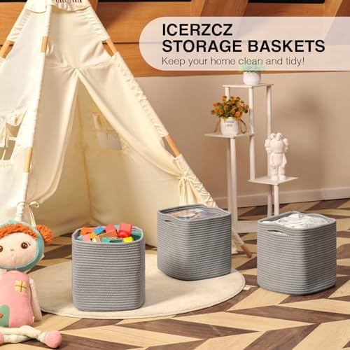 ICERZCZ 11 Inch Cube Storage Bins, Storage Cube Organizer Bins, Woven Cotton Rope Basket for Storage, Storage Baskets for Organizing Shelves, Grey Baskets for Toys Nursery, Grey (Pack of 3) - Image 6