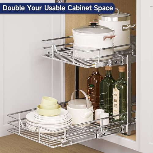 2-Tier Pull Out Cabinet Organizer, 13.5" W x 18" D, Heavy Duty Dual Slide Out Shelves for Base Cabinets, Chrome Wire Basket Drawer for Pantry, Kitchen & Bathroom Storage - Image 6