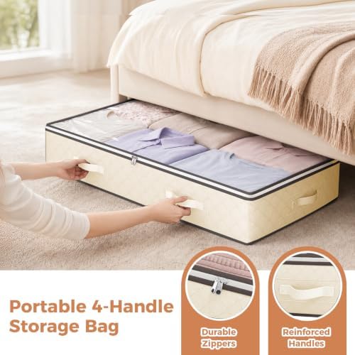 Budding Joy 95L Underbed Storage Containers, 4 Pack Closet Organizers Beige - Image 5