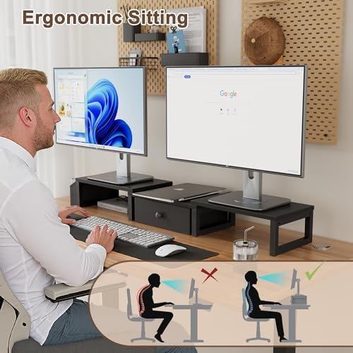 LAND·VOI Dual Monitor Stand with Drawer and Side Pockets, Monitor Riser for Desk, Home Office Desk Storage, Multi-Scenario Adaptation for Work and Entertainment, Black, HMS02BK - Image 6
