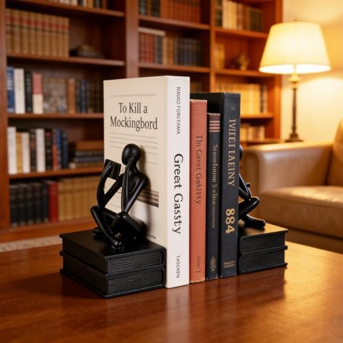 SHENGTIAN Black Reading Thinker Statue Bookends Set of 2, Resin Shelf Decor - Image 4