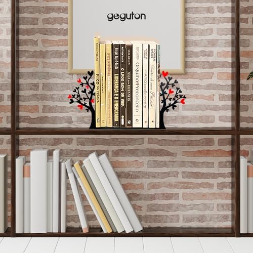 Tree Bookends with Heart-Shaped Leaves - Steel with Epoxy Coating and Wood Base - Decorative Pair of Book Holders for Shelves and Desk - Black with Red Accents – Geguton - Image 5