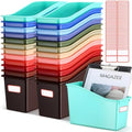 Teling 24 Pcs Plastic Book Bins Bulk for Classroom Interlocking Magazine Holder Organizer Folder Binder Storage Container Box with Name Labels for School Office Home Supply (Retro Earth Tone) by Teling