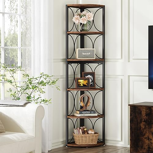 Tribesigns 67 inch Tall Corner Shelf, 6 Tier Rustic Corner Bookshelf Bookcase Storage Rack Standing Shelving Unit for Living Room, Small Space - Image 3