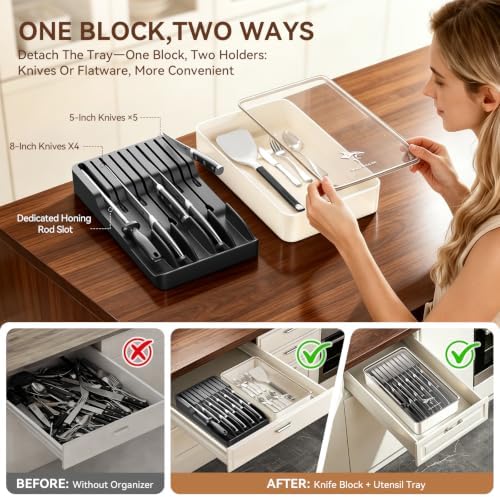 MAD SHARK 2-in-1 Knife Drawer Organizer, Silverware Organizer with Lid - Image 2