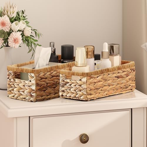 Vagusicc Wicker Storage Basket, Set of 2 Hand-Woven Water Hyacinth Wicker Baskets for Organizing Decor Storage Bins for Counter Shelves Pantry Basket Small Toilet Paper Basket for Toilet Tank Top - Image 4