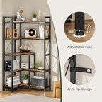 CHOEZON Corner Bookshelf, 5-Tier L-Shaped Bookcase, Corner Shelf with Metal Frame, Industrial Tall Display Shelf, for Living Room, Home Office, Bedroom, Rustic Brown TSJ12BF - Image 6