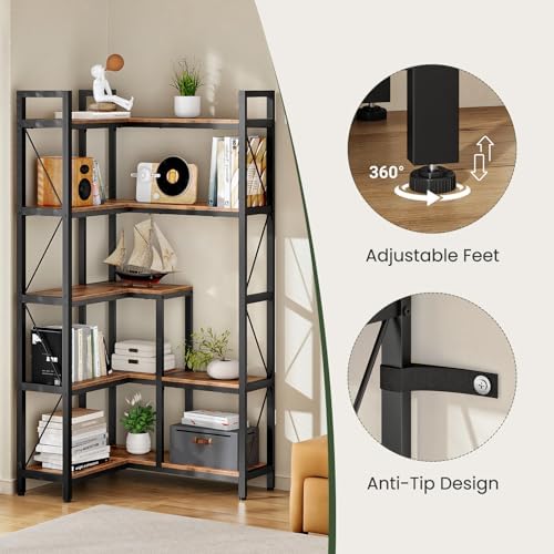 CHOEZON Corner Bookshelf, 5-Tier L-Shaped Bookcase, Corner Shelf with Metal Frame, Industrial Tall Display Shelf, for Living Room, Home Office, Bedroom, Rustic Brown TSJ12BF - Image 6