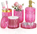 Hot-Pink Glass Bathroom Accessories Set 5 Pcs, Hot-Pink Bathroom Set, Soap Dispenser and Toothbrush Holder Set, Qtip Holder Set, Vintage Bathroom Sink Set, Cute Bathroom Decor by QIQU