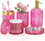 Hot-Pink Glass Bathroom Accessories Set 5 Pcs, Hot-Pink Bathroom Set, Soap Dispenser and Toothbrush Holder Set, Qtip Holder Set, Vintage Bathroom Sink Set, Cute Bathroom Decor by QIQU