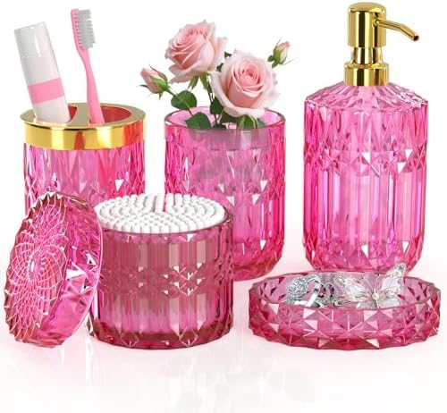 Hot-Pink Glass Bathroom Accessories Set 5 Pcs, Hot-Pink Bathroom Set, Soap Dispenser and Toothbrush Holder Set, Qtip Holder Set, Vintage Bathroom Sink Set, Cute Bathroom Decor by QIQU