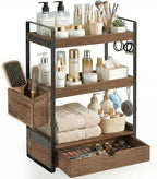 3-Tier Bathroom Counter Organizer with Drawer Basket and Hooks, Wood Bathroom Organizers and Storage for Countertop, Farmhouse Countertop Organizer, Counter Shelf for Vanity, Kitchen,Office by Susoct