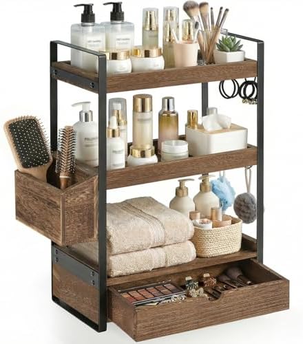 3-Tier Bathroom Counter Organizer with Drawer Basket and Hooks, Wood Bathroom Organizers and Storage for Countertop, Farmhouse Countertop Organizer, Counter Shelf for Vanity, Kitchen,Office by Susoct