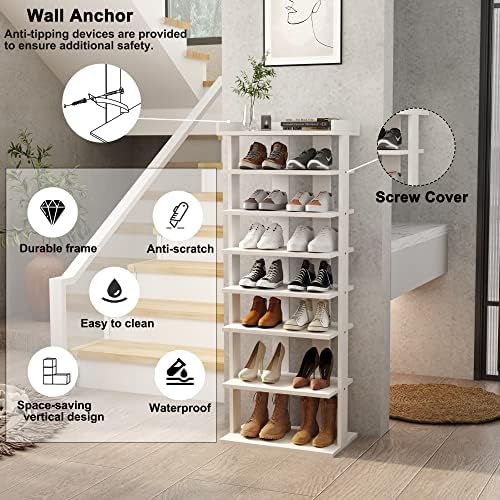 HOMEFORT 7-Tier Wood Shoe Rack, Double Rows 7-Tier Shoe Shelf, Shoe Storage Stand, Entryway Shoe Tower, Vertical Shoe Organizer Perfect for Narrow Closet, Entryway, Hallway, Bedroom in White - Image 6