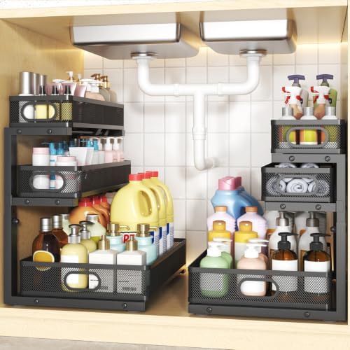 3-Tier Under Sink Organizer, Slide Out Drawer Rack, Black, 2 Pack by Gwodeo