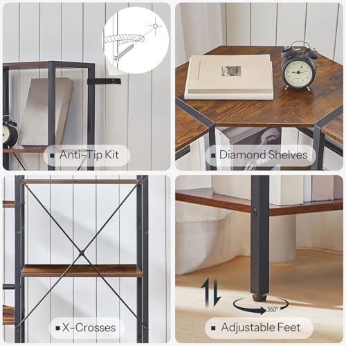 HOOBRO Industrial Corner Bookshelf, 5-Tier L-Shaped Bookcase, Open Display Storage Rack, Floor Standing Storage Shelf, for Living Room, Bedroom, Home Office, Rustic Brown and Black BF68SJ01 - Image 6