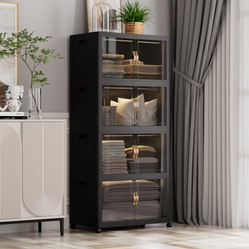 SAILUN 424QT/106Gal Stackable Storage Bins with a Lid, Collapsible Storage Bins With Doors, Folding Cabinet for Home Closet Organization,4 Pack-26 W x 16.5" D x 57.1" H Black by SAILUN