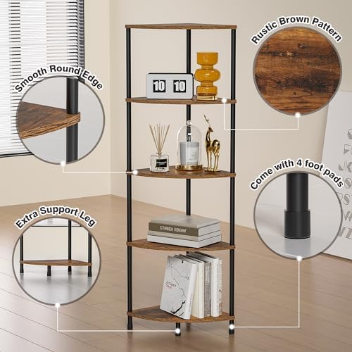 5 Tier Corner Shelf Stand, 44.1", Rustic Brown - Image 6