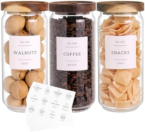 CZZGSM 3 Set Glass Pantry Storage Jars with Acacia Airtight Lid - 35oz Thicken Glass Kitchen Canisters with 132 Pantry Labels - Clear Food Storage Containers with Wood Lid for Tea,Sugar,Cookie,Pasta by CZZGSM