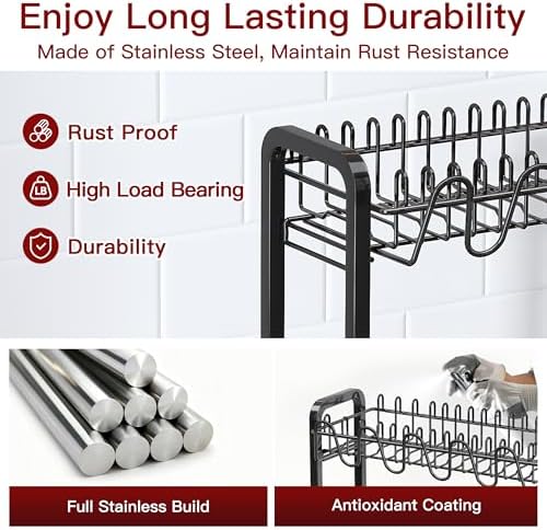 BOOSINY 2 Tier Black Stainless Steel Dish Drying Rack for Kitchen Counter - Image 4
