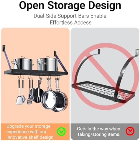 Miyili Pot Rack Square Grid Wall Mounted Kitchen Pot And Pan Organizer Shelf With 10 Hooks, 24 by 10-inch (Black), KR301B1 - Image 6