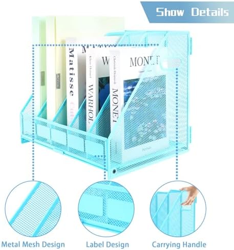 Desk Organizers Metal Magazine File Holder Racks Desktop Folder Storage Binder Organiser Document Organization for Home Office & Classroom,5 Vertical Compartments-Blue - Image 3