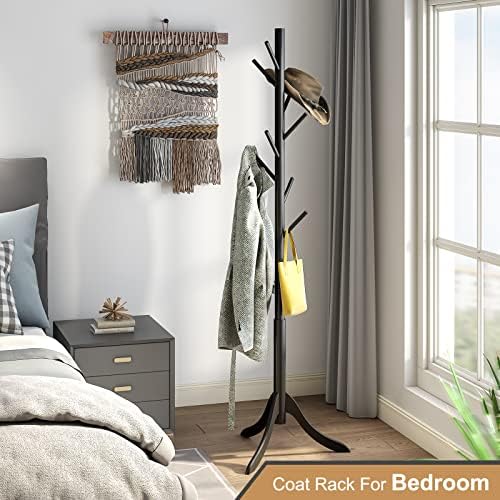 Coat Rack Freestanding, Coat Stands Entryway, Bamboo Coat Rack Hat Hanger 8 Hook for Jacket, Purse, Scarf Rack, Umbrella Tree Stand (Black) - Image 2