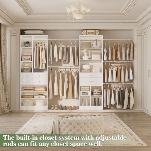 Besiost Closet System, Up to 128.6"/10.7 FT Closet Organizer with 4 Wooden Drawers and Shelves, Walk-in Closet System with 6 Hanging Rods, Built-in Closet Can Fit 96"/8FT, 120"/10FT, White Set 2 - Image 6