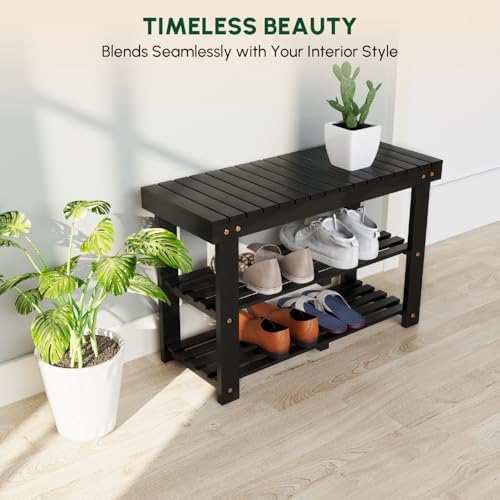 BEEFURNI Acacia Wooden Shoe Rack Bench for Entryway, 3-Tier, Black - Image 6