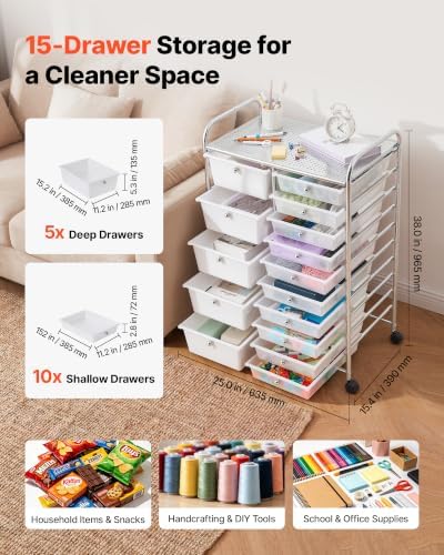 VEVOR Rolling Cart with Drawers, Double Row 15 Drawer Storage Organizer, Mobile Utility Cart with Chrome Steel Frame, Universal Casters & 2 Brakes, for Office, Classroom, Craft Room, Studio, Garage - Image 2