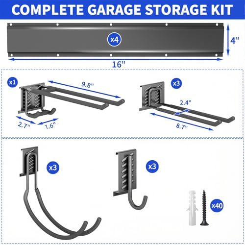 Garage Tool Organizer Wall Mount, 64 Inch Heavy Duty Garden Tool Organizer Storage System, Easy Install with 10 Adjustable Hooks, for Garage, Basement, Shed, Workshop, Black, Steel - Image 7