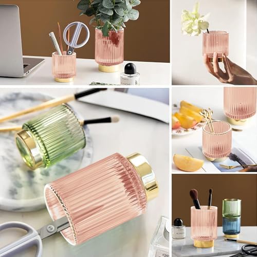 DASITON Makeup Brush holder Organizer,Crystal Cosmetic Makeup Brush Glass Brushes Storage Holder, Vintage Make Up Brush Cup Pen Pencil Holder striped vase(Pink S+L) - Image 4