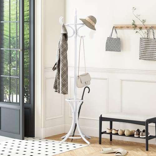Tangkula Coat Rack with Umbrella Holder, 73 Inch Freestanding Coat Hanger Stand with 12 Hooks, Wooden Entryway Coat Tree for Clothes, Bags, Hats, Scarves, Living Room, Bedroom, Hallway (White) - Image 2