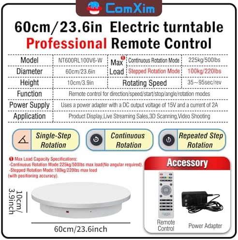 23.6In Remote Large Motorized electric turntable Rotating platform Photography Turntable Motorized lazy susan Base giratoria para for Photography,3D Scanner,Heavy duty display(Load Range:220~500lbs) - Image 2