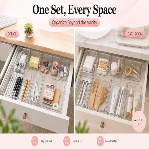24 Pcs Clear Adjustable Drawer Organizer, 3-Size Expandable Desk Drawer Organizer Box, Acrylic Storage Bins for Makeup, Cosmetic, Kitchen Utensils, Bedroom Dressers Tool Organizer for Gadgets (24) - Image 7