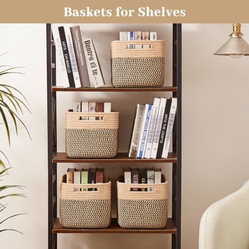 OIAHOMY 4 Pack Storage Basket, 13"x9"x7.8" Cotton Rope Baskets for Shelves, Closet Organizer for Bedroom & Living Room, Soft Decorative Bins for Organizing Towels, Books & Toys, Brown & Black - Image 6