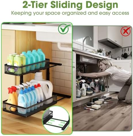 Under Sink Organizer 2-Pack, 2-Tier Pull-Out Cabinet Organizer with Adjustable Height, Metal Under Sink Storage Rack for Kitchen Bathroom Pantry Cabinets, Black - Image 3