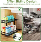 Under Sink Organizer 2-Pack, 2-Tier Pull-Out Cabinet Organizer with Adjustable Height, Metal Under Sink Storage Rack for Kitchen Bathroom Pantry Cabinets, Black - Image 3